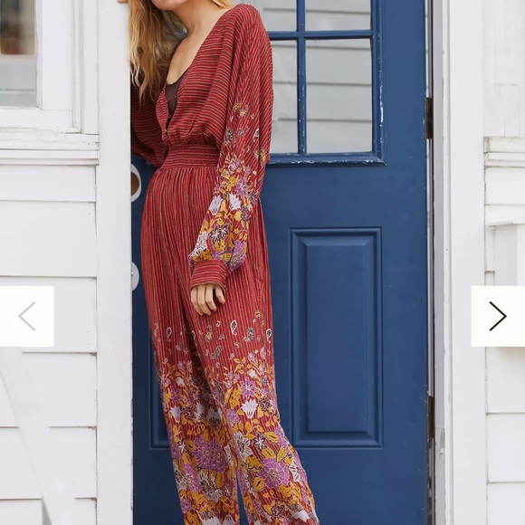 Anthropologie Pants - Anthropologie Rust Red bolo Floral open back long sleeved Jumpsuit